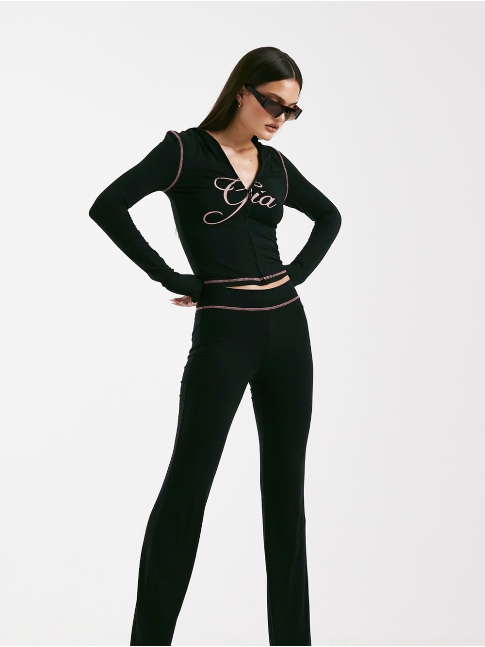 I.AM.GIA Black Flare Pant and Matching Logo Top with Pink Trim